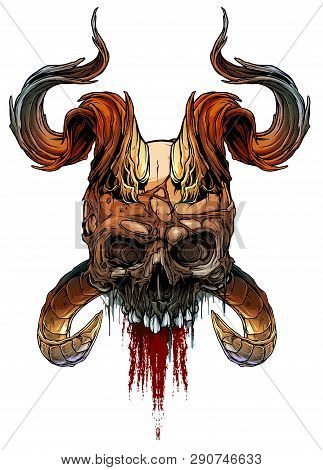 Detailed Graphic Realistic Horrible Colorful Black And White Human Skull With Big Sharp Deamon Horns