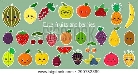 Kawaii Cute Fruit And Berries Faces Characters Mega Set Of Twenty Seven Stickers In White Stroke. Fo