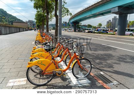 Taipei, Taiwan - Feb 19, 2019 : Ubike ( Youbike ) Station. Ubike Is A Popular Network Of Rental Bicy
