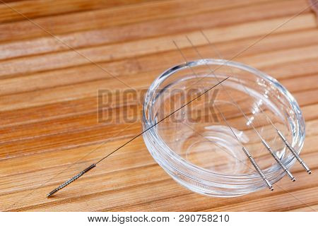 Acupuncture Needles. Silver Needles For Traditional Chinese Medicine Acupuncture. Close-up. There Is