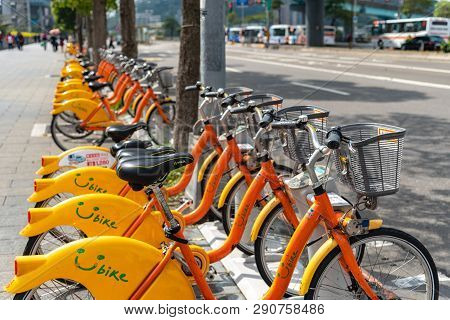 Taipei, Taiwan - Feb 19, 2019 : Ubike ( Youbike ) Station. Ubike Is A Popular Network Of Rental Bicy
