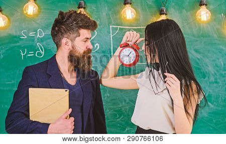 Lady Teacher And Strict Schoolmaster Care About Discipline And Rules In School. School Rules Concept