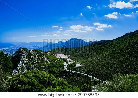 Landscape. View From The Top Of The Mountain To The Coastline Of North Cyprus And The Wall Of The Ca