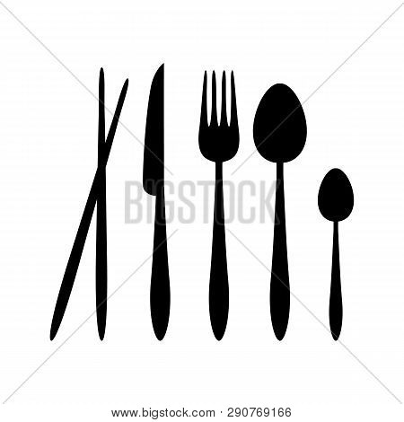 Silhouette Vector Spoon, Fork, Knife, And Chopsticks Cutlery On The Restaurant
