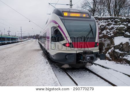 Editorial 12.18.2018 Helsinki Finland, Commuter Train Waiting At The Platform At The Central Railway