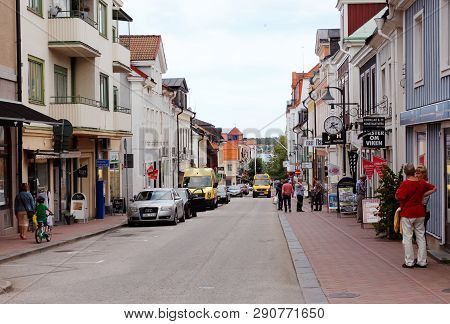 Vastervik, Sweden - August 21, 2017: View Of The Main Street Storgatan.