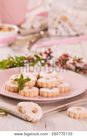 Canestrelli Biscuits With Cappuccino On Wooden Table.