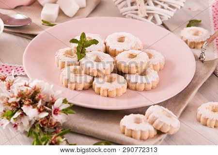 Canestrelli Biscuits With Cappuccino On Wooden Table.