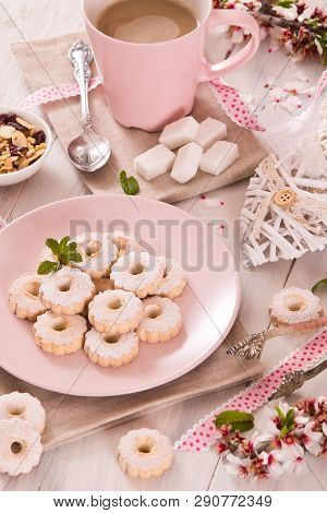 Canestrelli Biscuits With Cappuccino On Wooden Table.