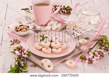 Canestrelli Biscuits With Cappuccino On Wooden Table.