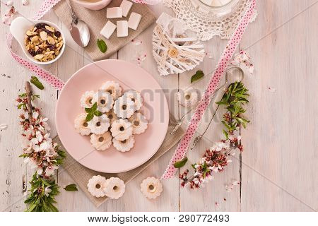 Canestrelli Biscuits With Cappuccino On Wooden Table.