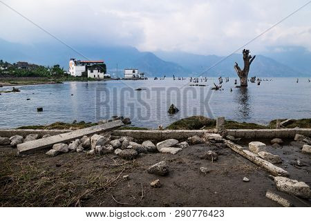 Coastline View At Lake Atitlan With Dead Tree, House And Mountainrange, San Pedro De La Laguna, Guat