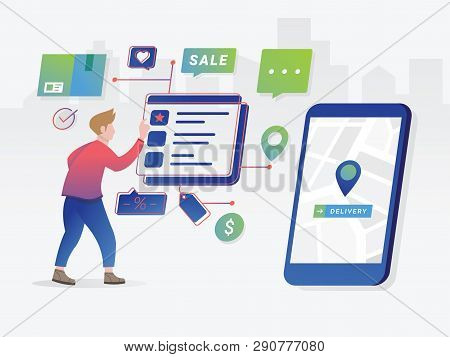 Commercial Checkout Pay. Online Shopping Concept Illustration. Modern Flat Design People And Busines