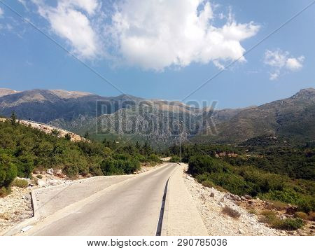 Albania Mountains And Rocks And Road View. Sky And Mountaion Sunny Day.
