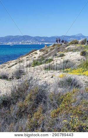 Palma De Mallorca, Spain - March 17, 2019: People In Es Carnatge Nature Reserve With Yellow Spring F