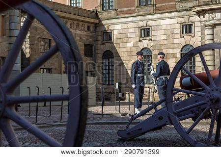 Stockholm, Sweden - June 2016: Royal Guardsman Guard Change Near The Swedish Royal Palace