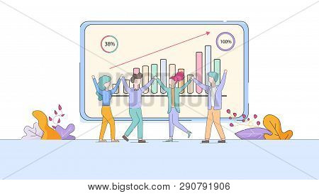 Joyful Office Workers Exulting At Huge Monitor With Growing Graphs. Happy Employees People In Workpl