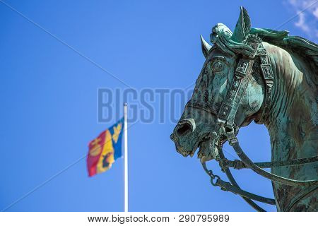 Horse Statue In Front Of The Royal Palace In Stockholm, Sweden. Statue Of Charles Xiv John Former Ki