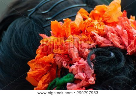 Flower Make Up On Her Hairs. Young Girl Dancer With Palash Flower , Butea Monosperma , On Her Hairs 