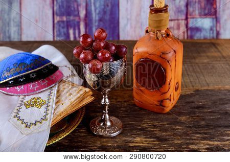 Close Up Of Concept Jewish Holiday Passover Matzot And Tallit Bread On The Jewish Holiday.