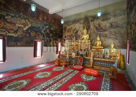 Uthai Thani, Thailand - January 12, 2019: The Famous Beautiful Buddhism Wall Murals In Wat Ubosathar