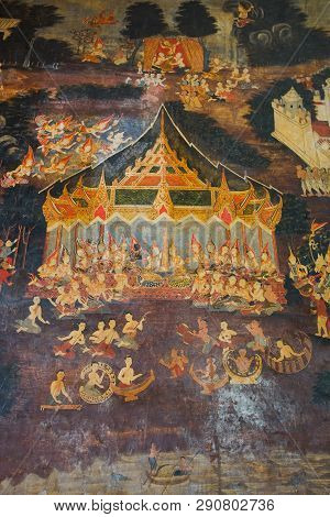 Uthai Thani, Thailand - January 12, 2019: The Famous Beautiful Buddhism Wall Murals In Wat Ubosathar