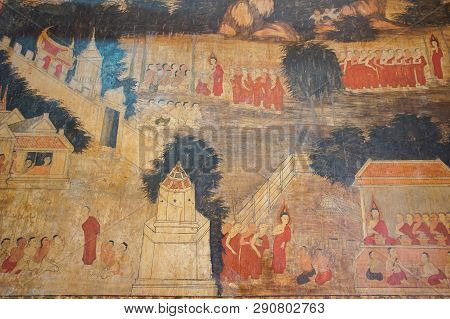Uthai Thani, Thailand - January 12, 2019: The Famous Beautiful Buddhism Wall Murals In Wat Ubosathar
