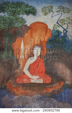 Uthai Thani, Thailand - January 12, 2019: The Famous Beautiful Buddhism Wall Murals In Wat Ubosathar