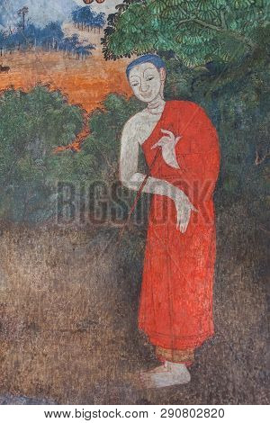 Uthai Thani, Thailand - January 12, 2019: The Famous Beautiful Buddhism Wall Murals In Wat Ubosathar