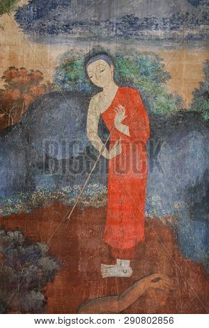 Uthai Thani, Thailand - January 12, 2019: The Famous Beautiful Buddhism Wall Murals In Wat Ubosathar