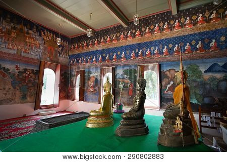 Uthai Thani, Thailand - January 12, 2019: The Famous Beautiful Buddhism Wall Murals In Wat Ubosathar