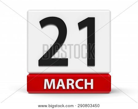 Red And White Calendar Icon From Cubes - The Twenty First Of March - On A White Table - World Poetry