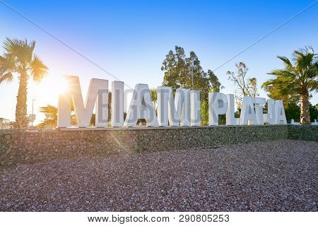 Miami Platja welcome road sign in Tarragona at Costa Daurada of Catalonia