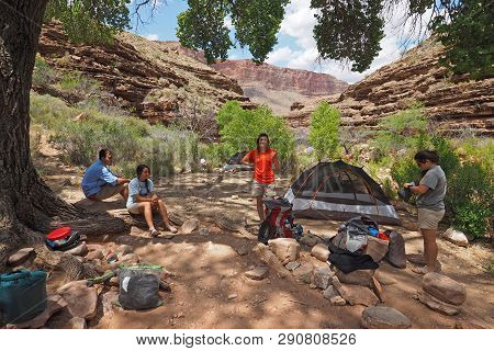 Backpackers In Camp At Hance Creek In Grand Canyon National Park, Arizona.