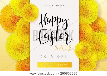 Vector Illustration Of Easter Promotion Banner Template With Hand Lettering Label - Happy Easter - W