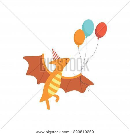 Cute Pteranodon Dinosaur In Party Hat Flying Ith Balloons, Funny Colorful Dino Character, Happy Birt