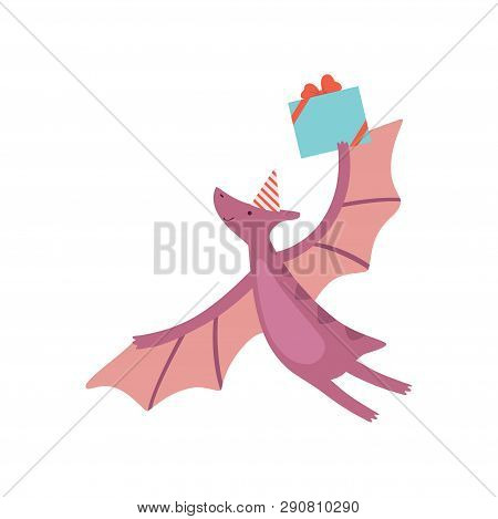 Cute Dinosaur In Party Hat, Funny Colorful Pteranodon Dino Character Flying With Gift Box, Happy Bir