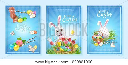 Happy Easter. Set Of Three Backgrounds Template With Bright Colorful Decorated Eggs, Chocolate Bunny