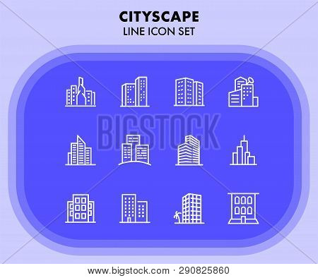 Cityscape Line Icon Set. Set Of Line Icons On White Background. Architecture Concept. Building, Skys