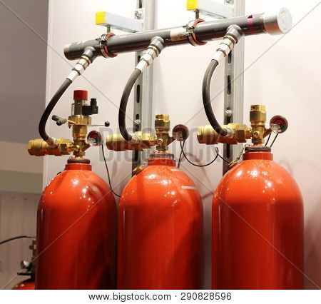 Automatic Gas Extinguishing Installation. Modular Gas Fire Extinguishing Systems. Cylinders To Extin