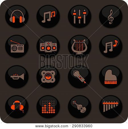 Music Color Vector Icons On Dark Background For User Interface Design