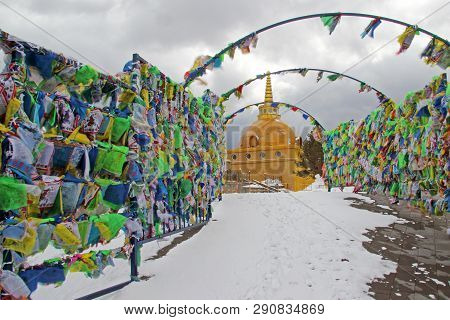 Ulan-ude, Russia, 03. 20. 2019 In A Buddhist Church Rinpoche Bagsha . The Place To Huy Marinov Flags