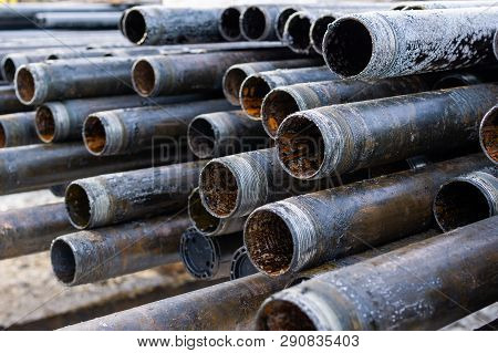 Offshore Industry Oil And Gas Production Petroleum Pipeline. Downhole Drilling Rig. Laying The Pipe 