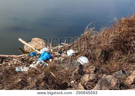 Plastic Waste On The Lake Shore In The Czech Republic. Environmental Pollution. Recycling Of Plastic