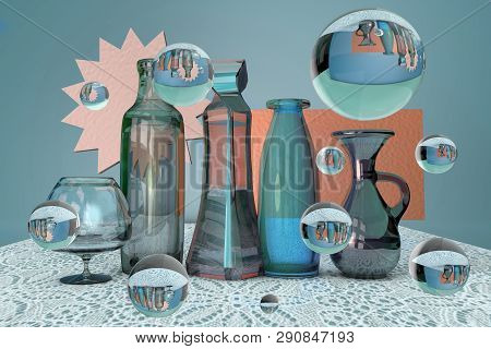 3d Illustration Of Fantastical Futuristic Glass Still Life With Bottle, Jar, Vase, Wine Glass And Bu