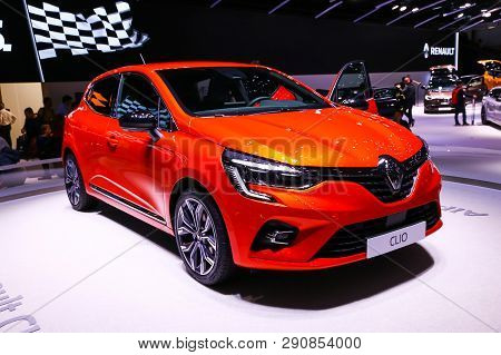 Geneva, Switzerland - March 10, 2019:  Orange Motor Car Renault Clio Presented At The Annual Geneva 