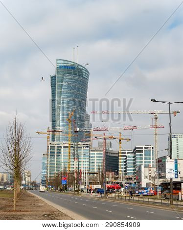 Warsaw Poland. February 18, 2019. Samsung R D Poland. View Of The Building From The Road. Constructi