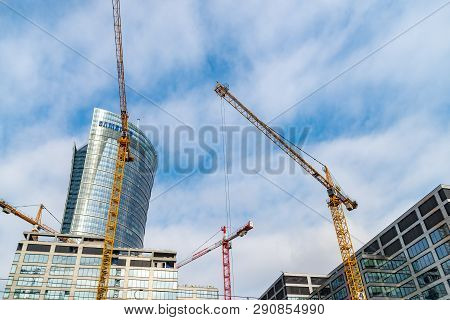 Warsaw Poland. February 18, 2019. Samsung R D Poland. Construction Cranes.