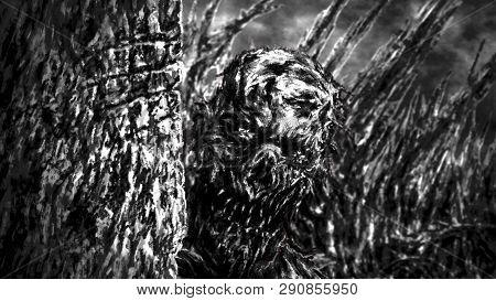 Monster From Behind Wall And Looks Creepy. Illustration In Genre Of Horror. Scary Face Character In 