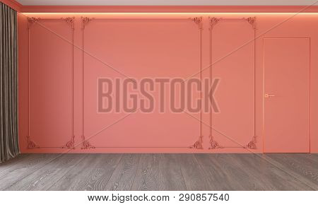 Modern Classic Living Coral Interior With Stucco, Door, Wooden Floor, Ceiling Backlit, Molding. Empt